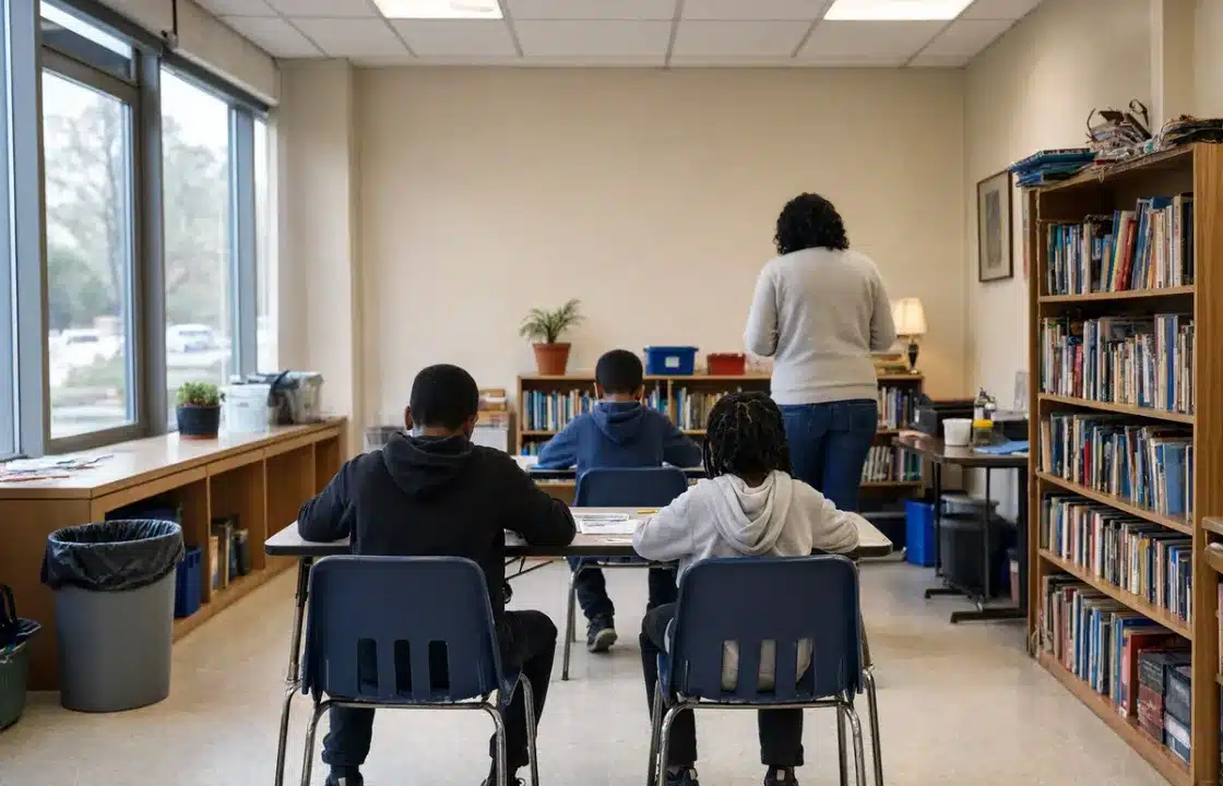 Children working at a table in an after-school room, seen from behind