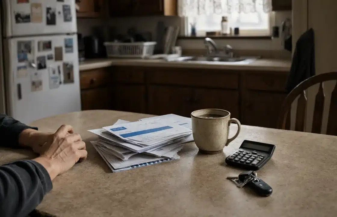A kitchen table with a stack of bills, a calculator, a coffee mug and car keys
