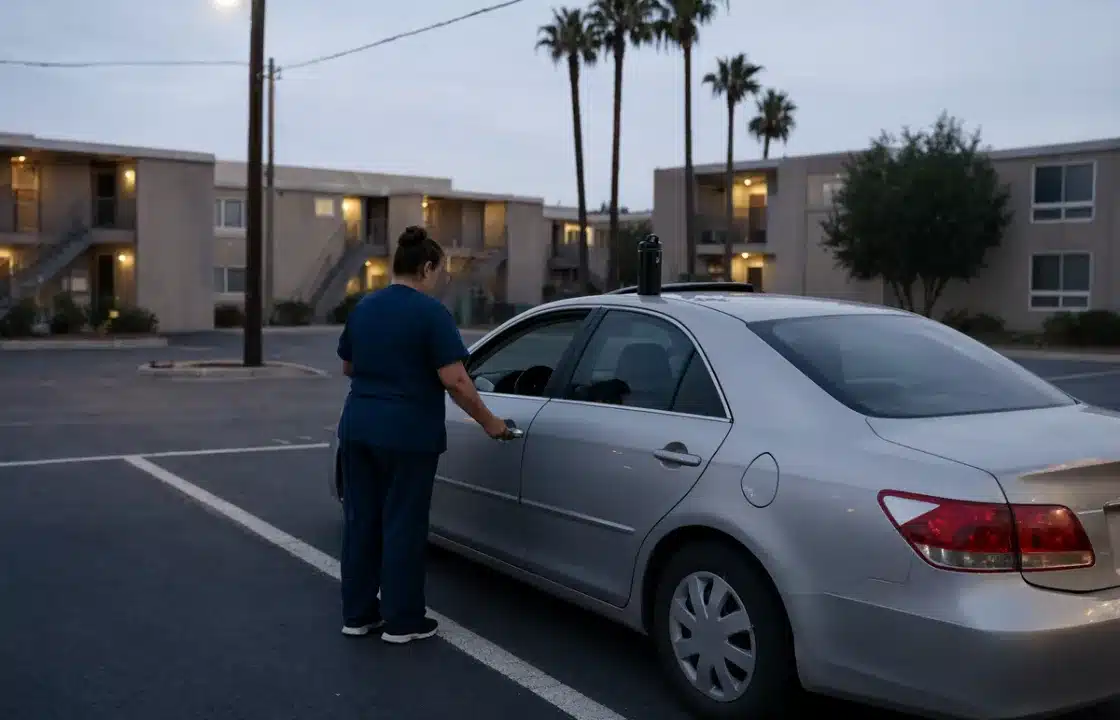 A woman in scrubs unlocking her car in an apartment parking lot before dawn