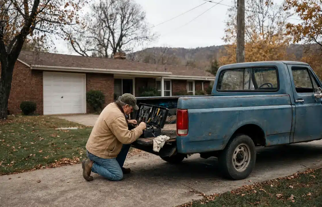 A man kneeling at the tailgate of an older pickup, sorting hand tools in a driveway